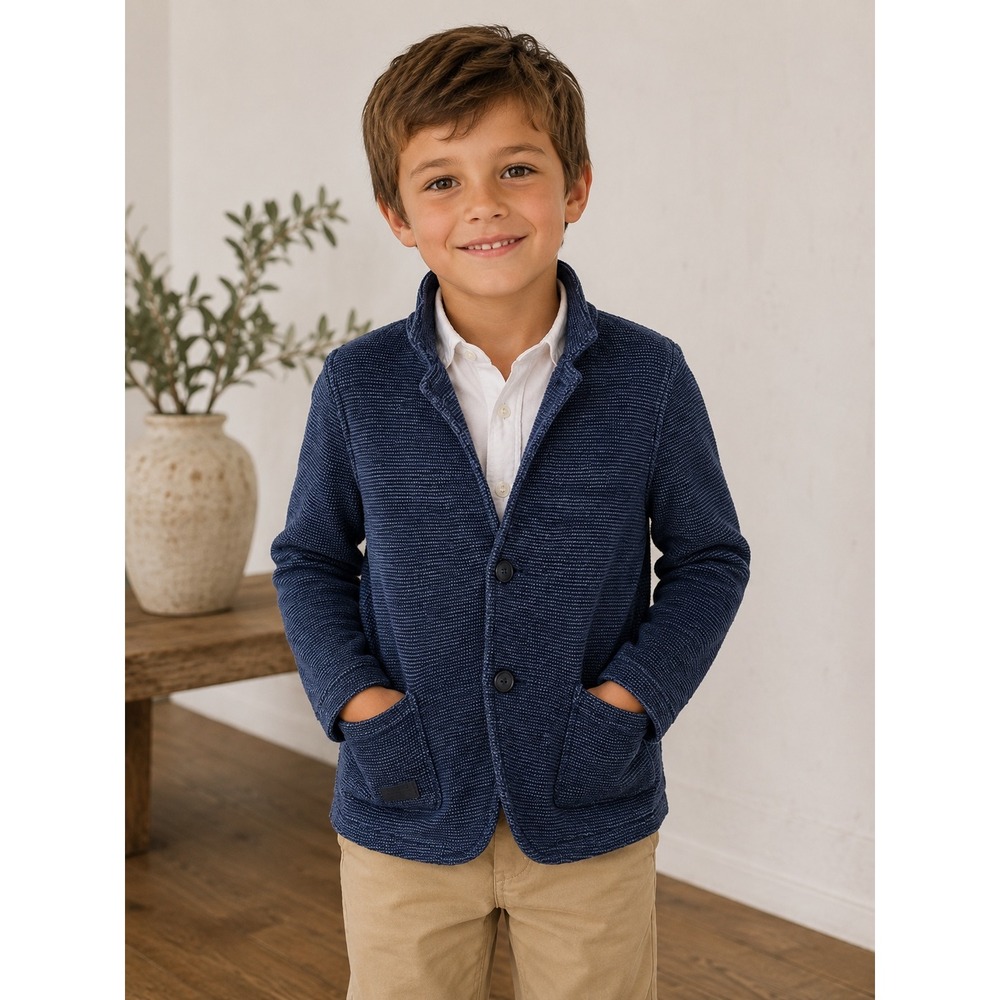 Zara Boys Navy Blue Knit Blazer Jacket Textured Cotton Size 7 122cm